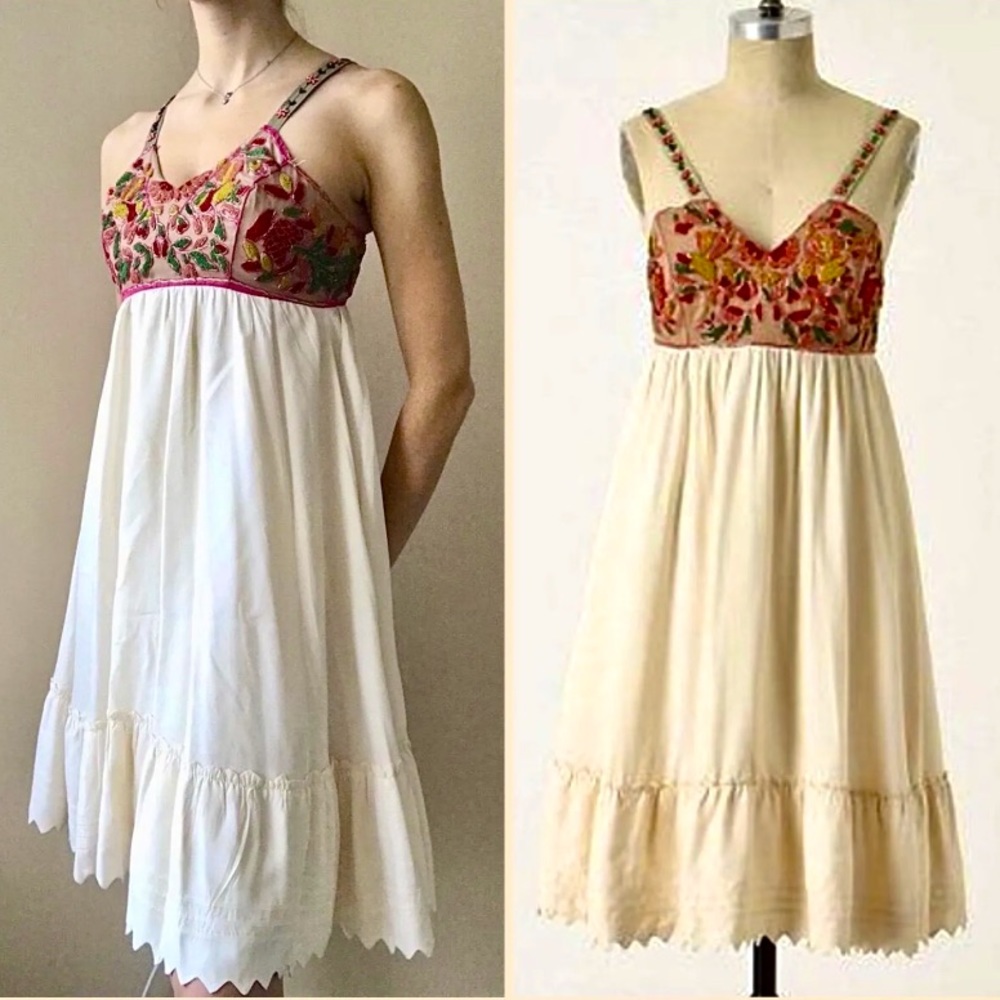 Anthro Zehavale Silk Blend Babydoll Floral Embroidered Beaded Sundress Dress